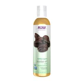 NOW Foods front label of organic jojoba oil showing product benefits