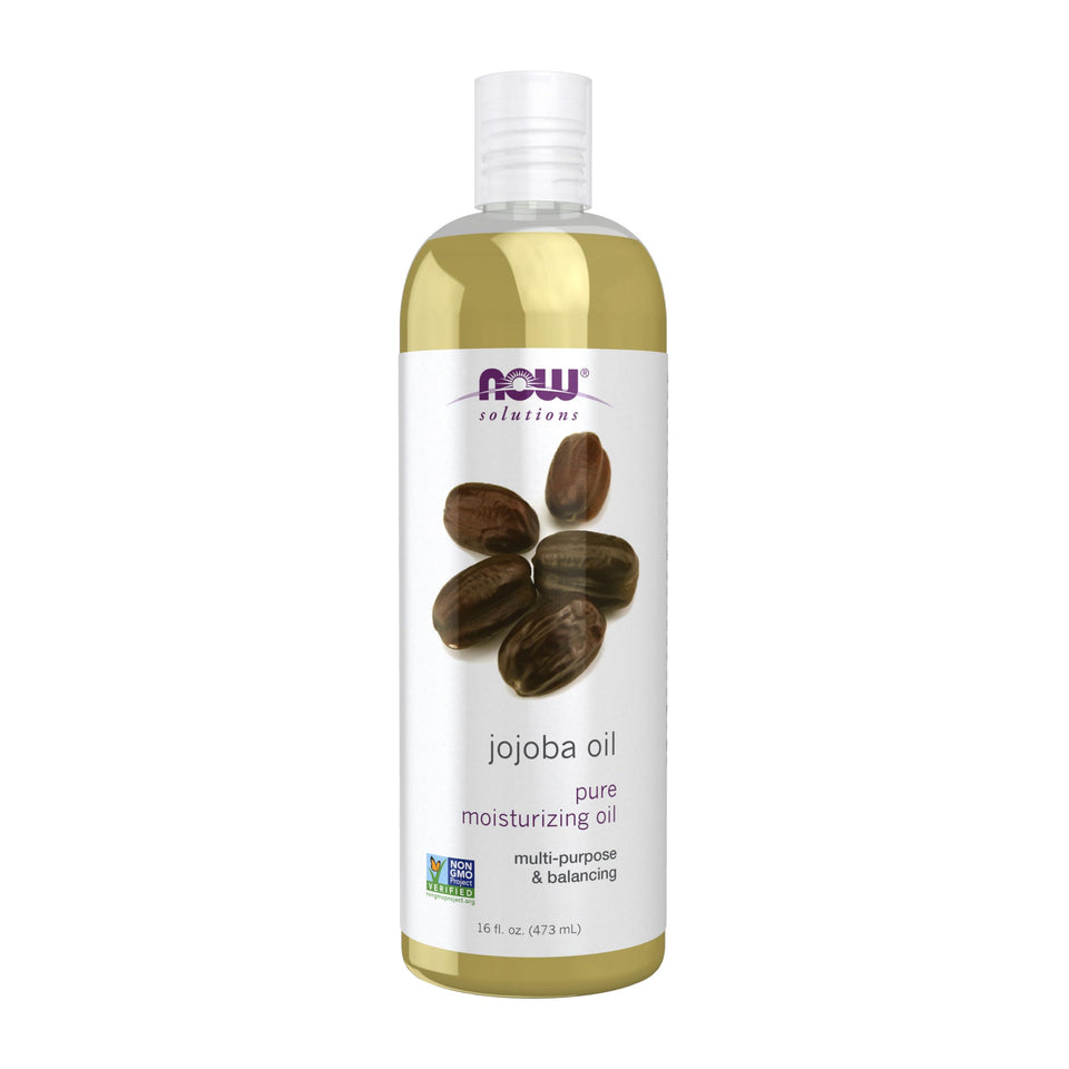 NOW Foods jojoba oil front packaging showing bottle and label, highlights purity