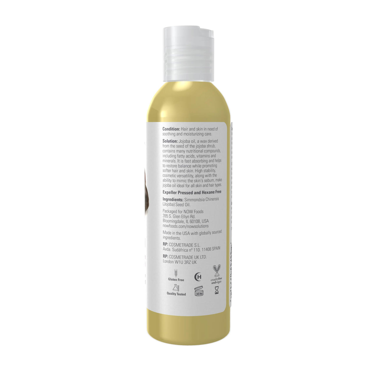 NOW Foods jojoba oil label close-up highlighting purity and non-GMO certification for trust