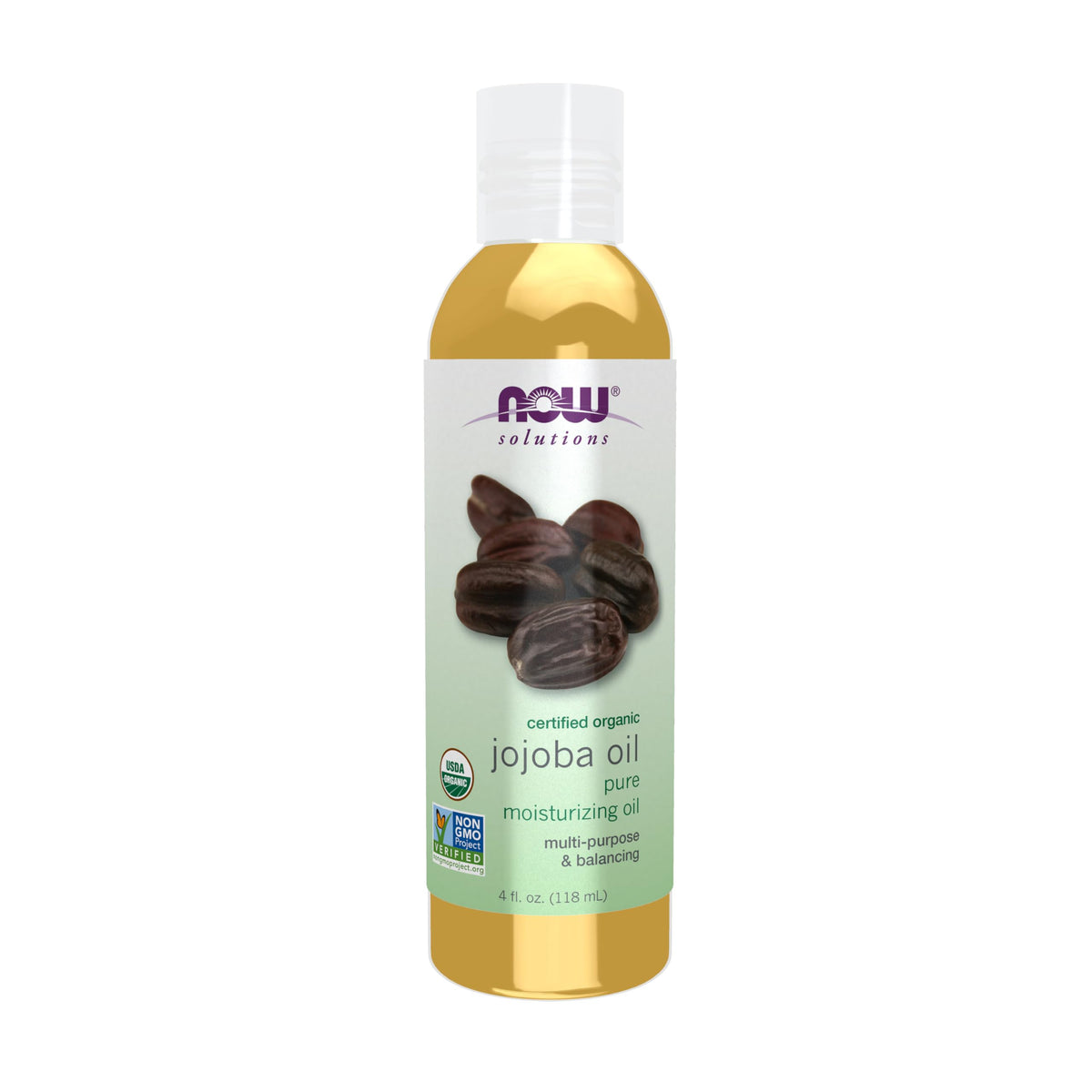 NOW Foods front packaging of 4-ounce jojoba oil showing label and bottle for trusted organic care
