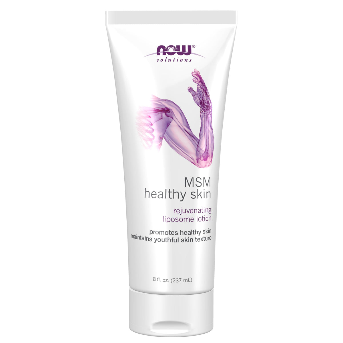 NOW Solutions front packaging showing 8-ounce MSM lotion, clear labeling and benefit