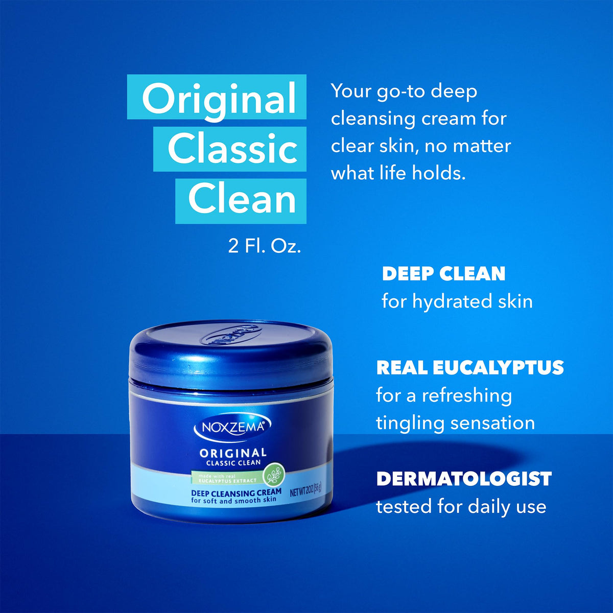 open Noxzema jar showing creamy formula and easy scoop application benefit