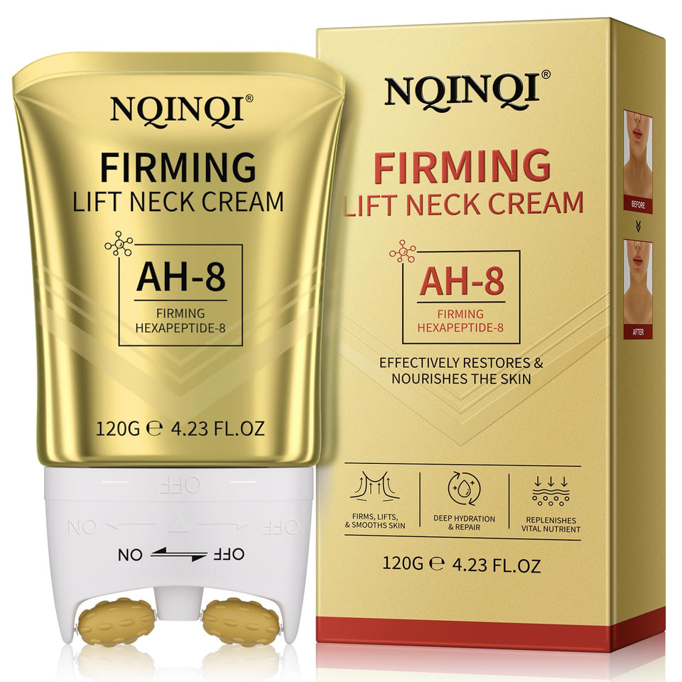 NQINQI front packaging showing neck cream jar and roller for visible lift