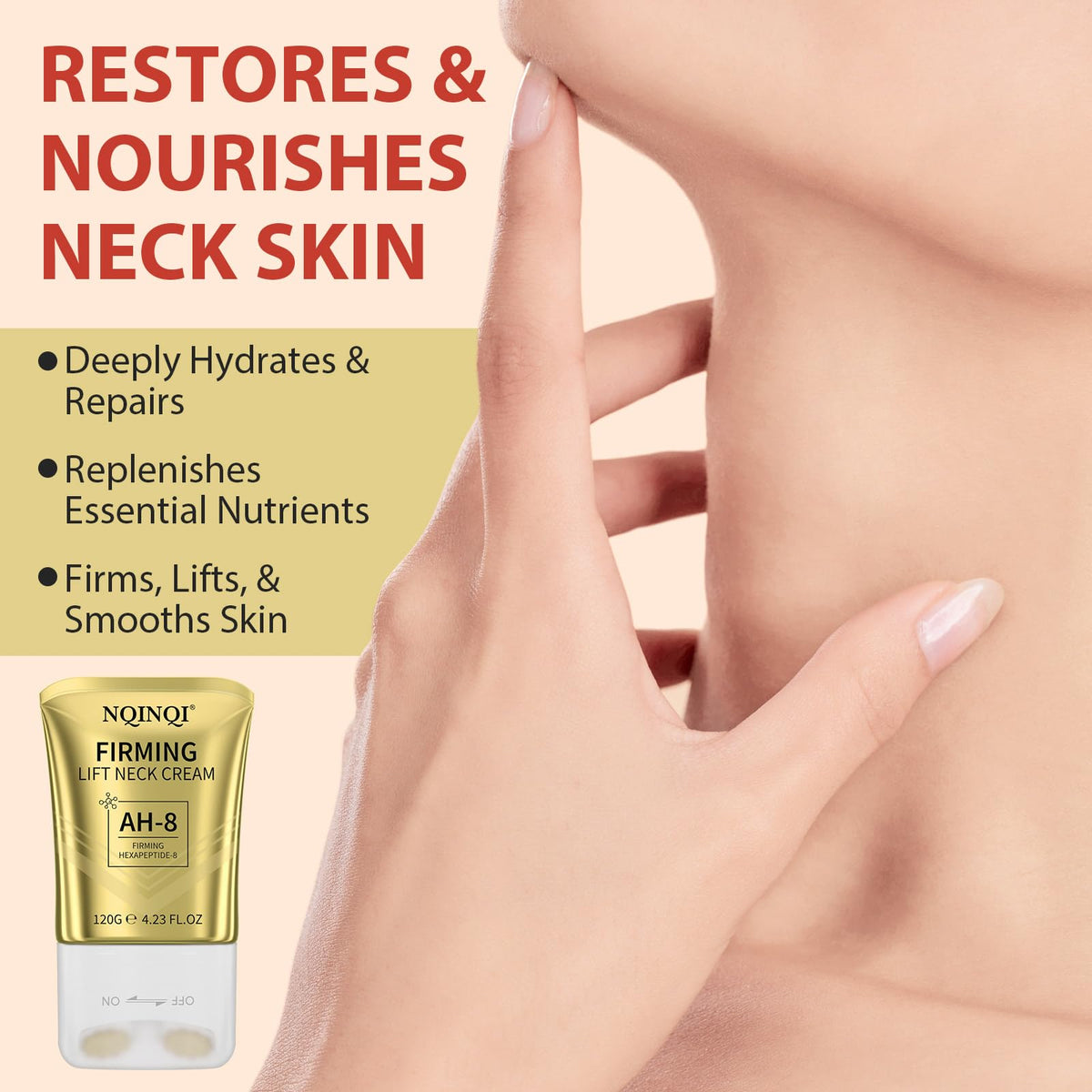 NQINQI model applying cream to neck showing even distribution advantage