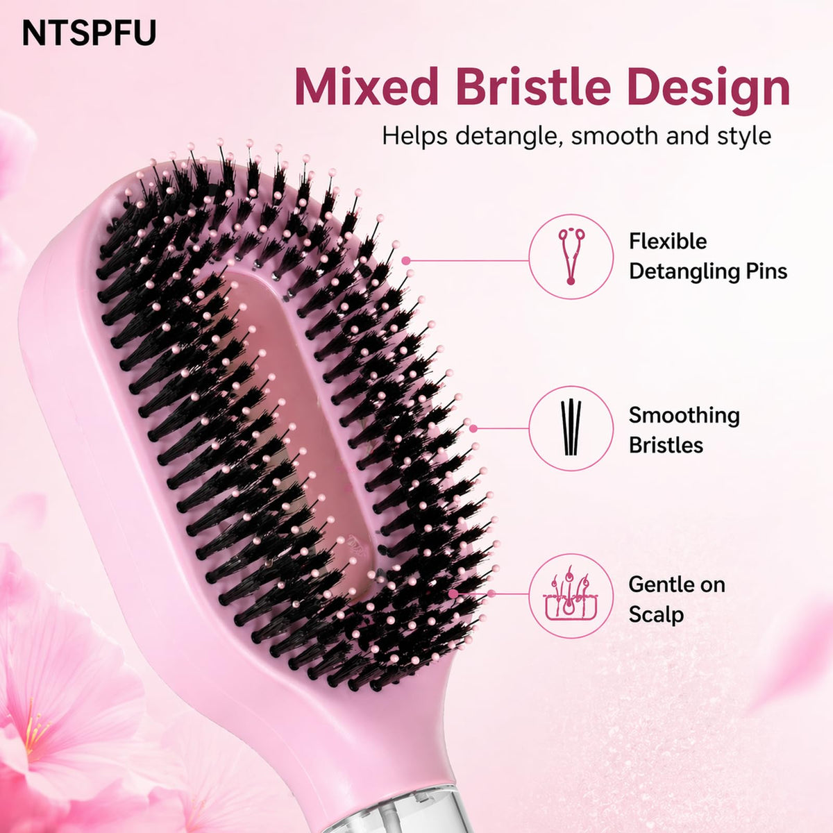 NTSPFU bristle detail showing flexible tips that detangle gently