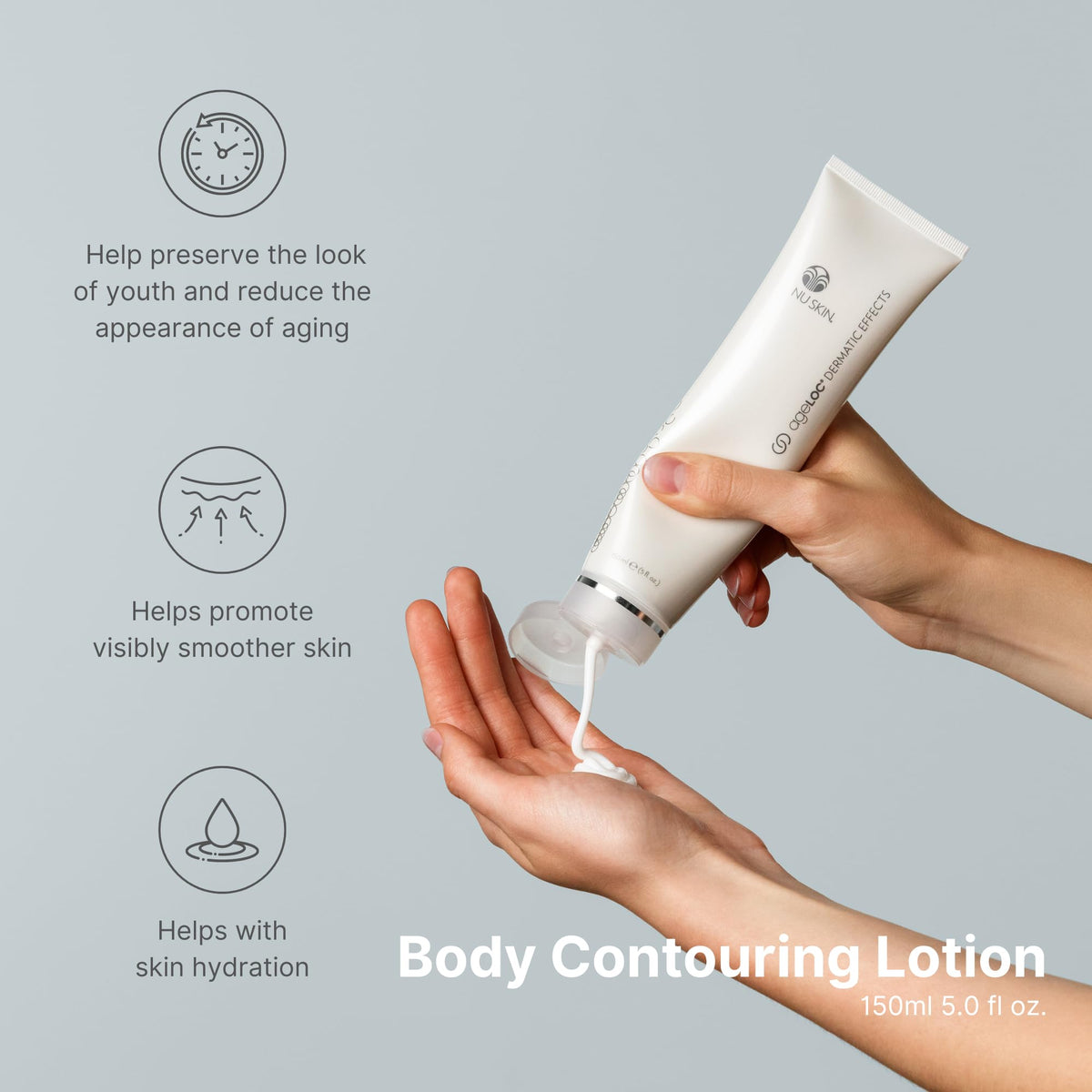 Nu Skin lotion texture close-up showing lightweight, fast-absorbing finish