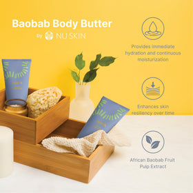 Nu Skin Epoch Baobab shea butter close-up highlighting nourishing emollients for softness
