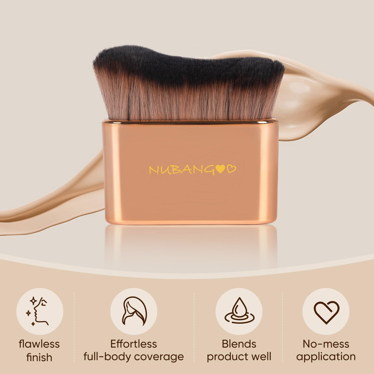 nubangoo brush applying self-tanner to leg, illustrating even streak-free coverage and easy body application