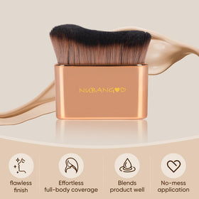 nubangoo brush applying self-tanner to leg, illustrating even streak-free coverage and easy body application