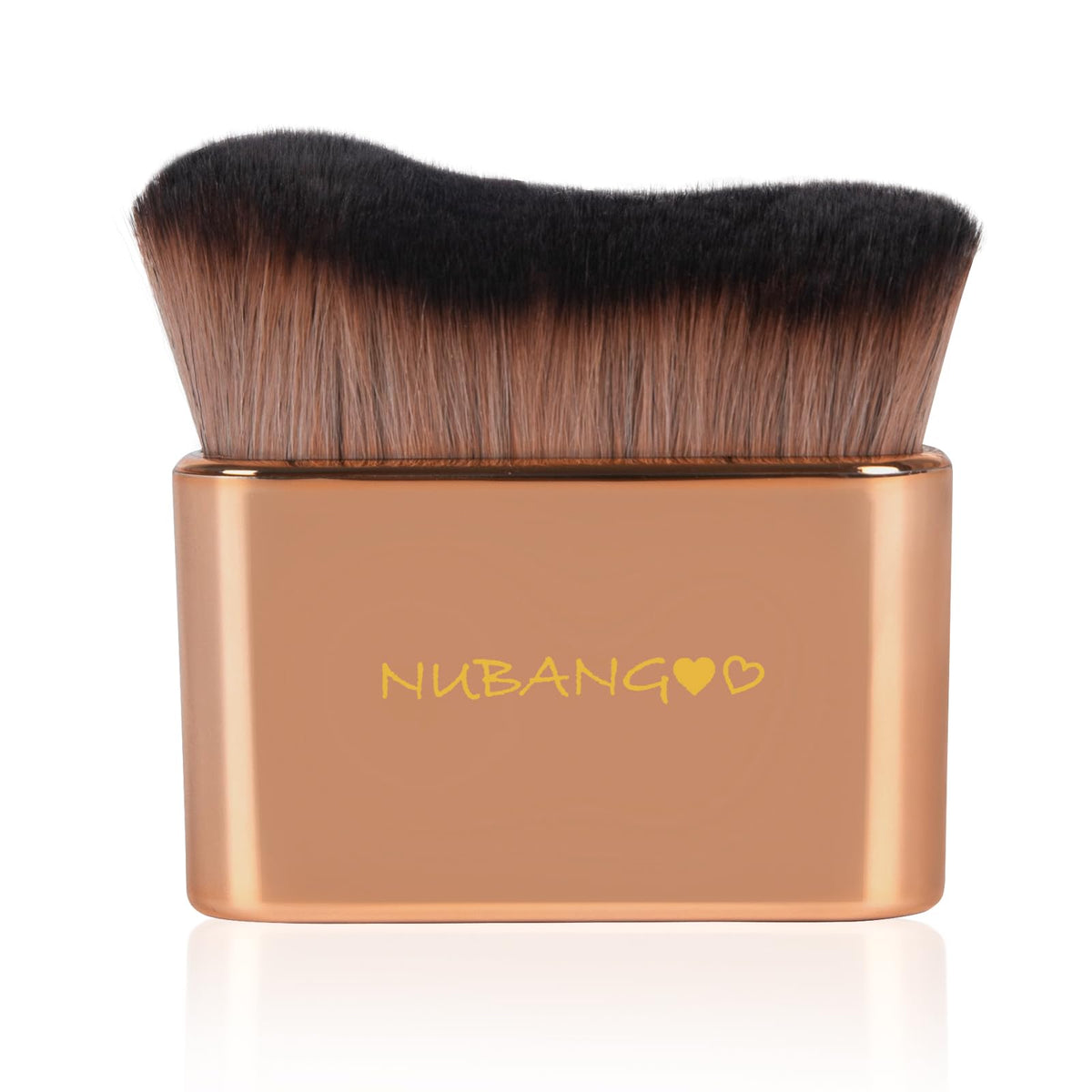 nubangoo pink-gold kabuki brush front view showing compact protective case and logo, convenient travel benefit