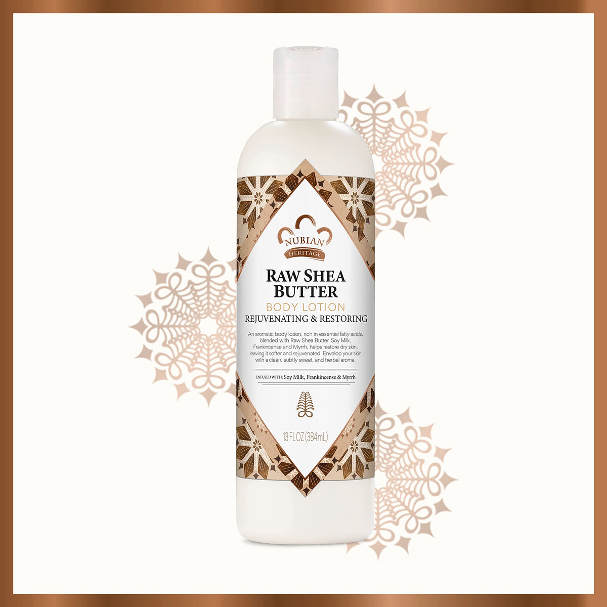 Nubian Heritage bottle in bathroom setting, suggests daily nourishing skincare ritual