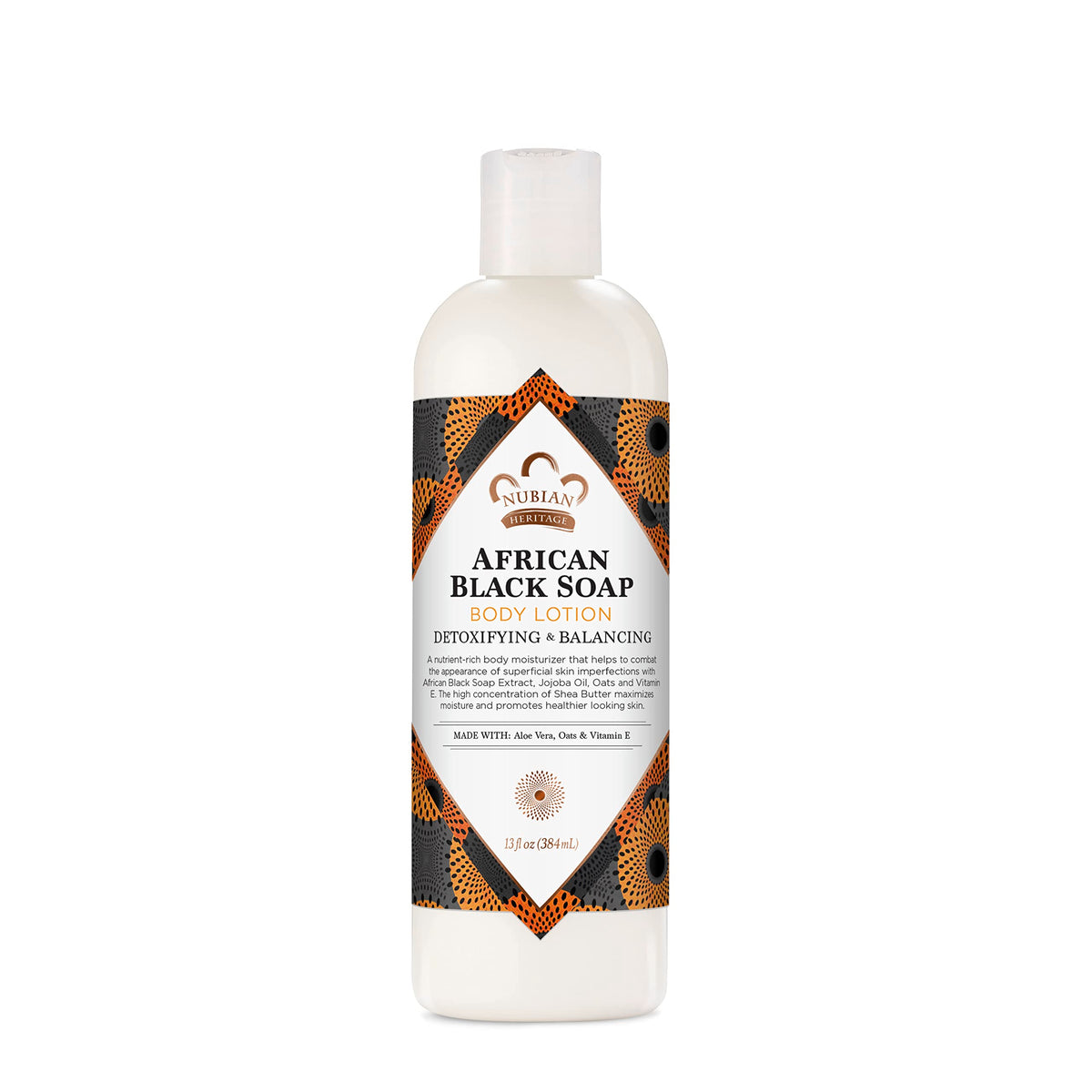 Nubian Heritage front bottle showing product branding and 13 oz size, clear benefit of hydration