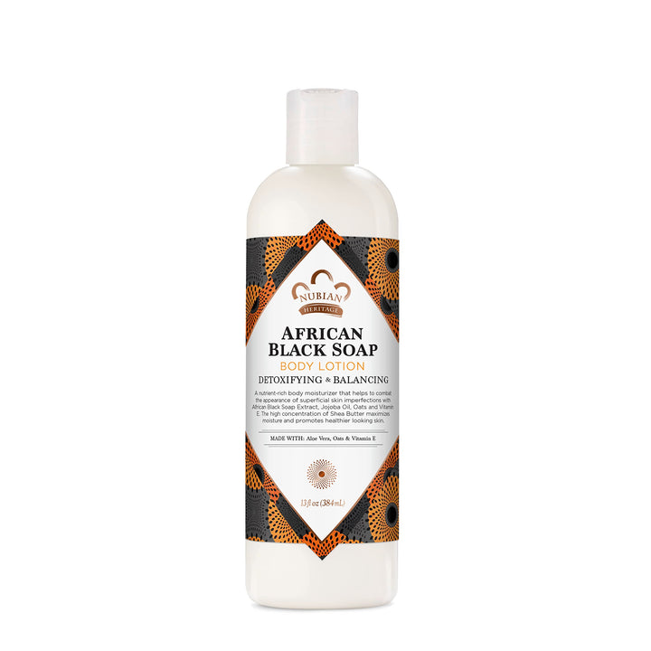 Nubian Heritage front bottle showing product branding and 13 oz size, clear benefit of hydration