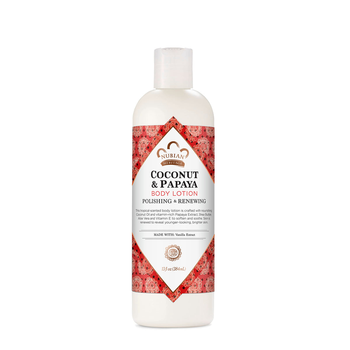 Nubian Heritage front packaging showing coconut and papaya scent and 13 oz size benefits hydration