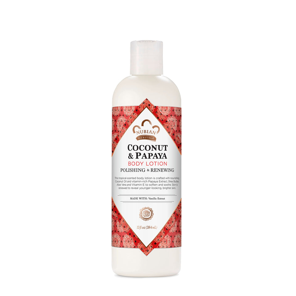 Nubian Heritage front packaging showing coconut and papaya scent and 13 oz size benefits hydration