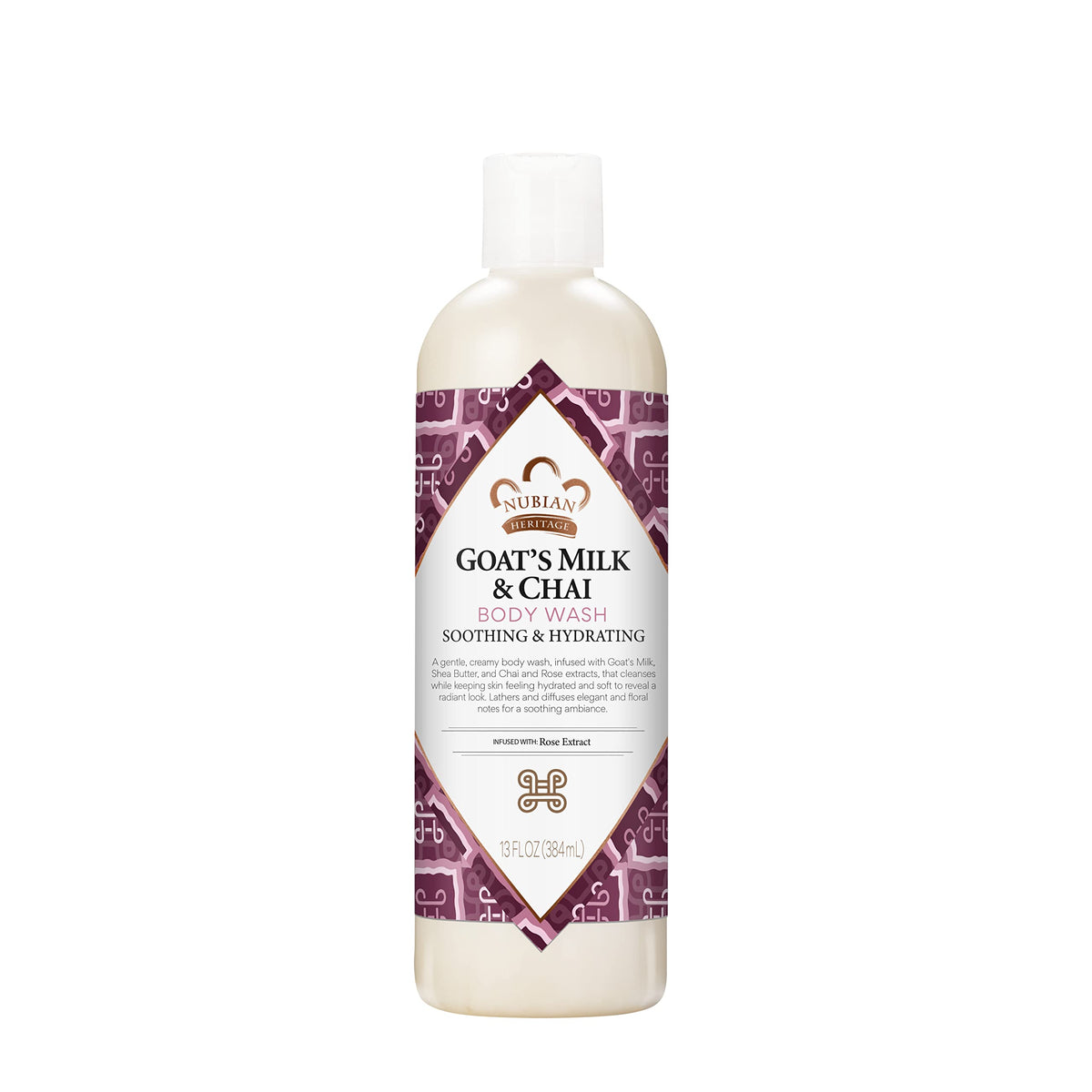 Nubian Heritage front packaging showing goats milk chai scent and benefits