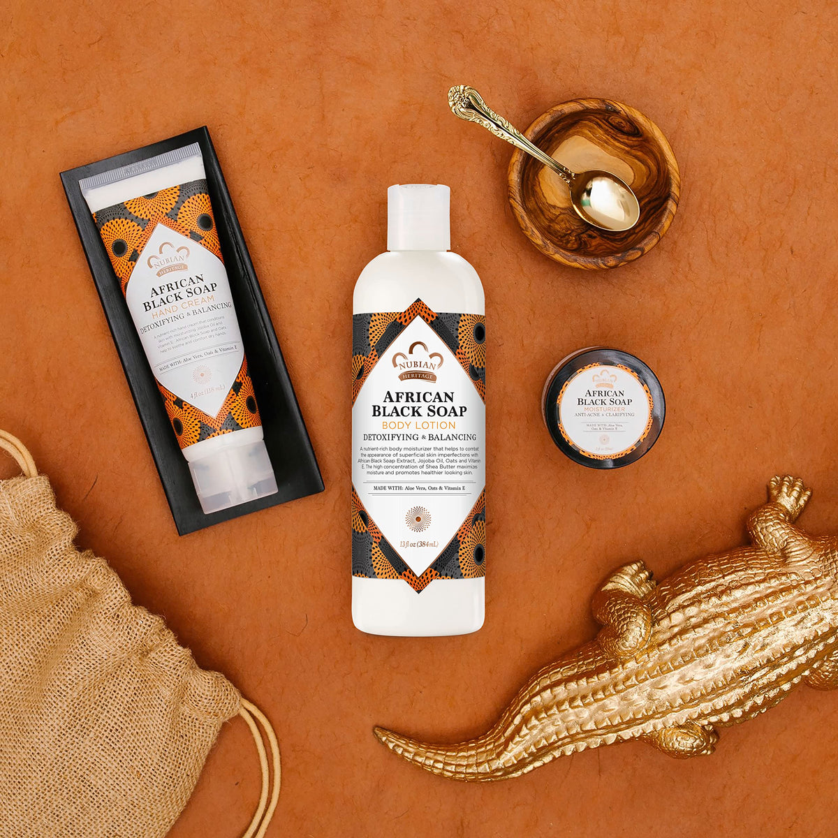 Nubian Heritage lotion on bathroom shelf in lifestyle scene conveying daily routine convenience