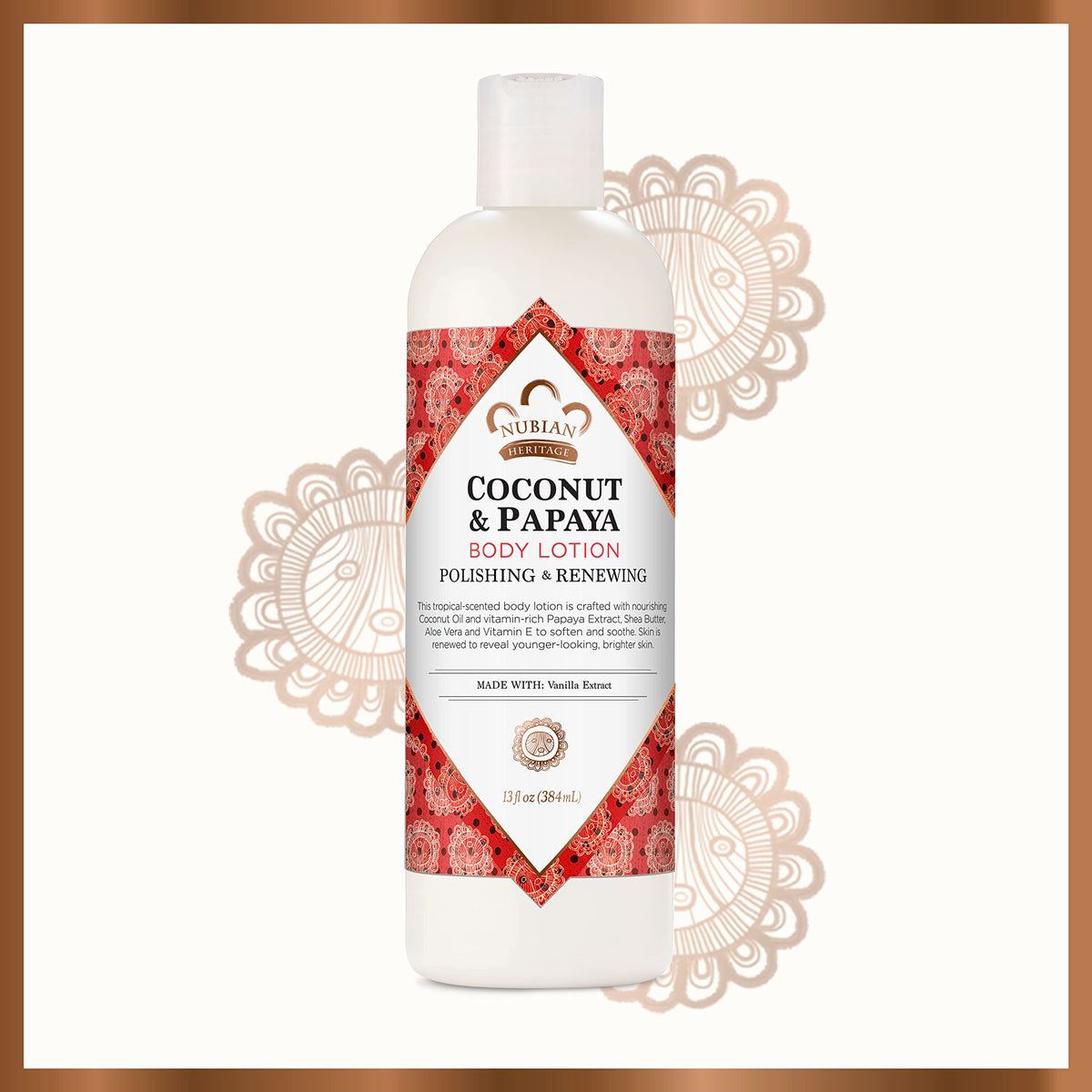 Nubian Heritage bottle on bathroom shelf styled with towels to suggest daily self-care