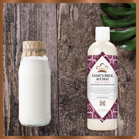 Nubian Heritage shea butter and goat's milk flatlay showing nourishing ingredients