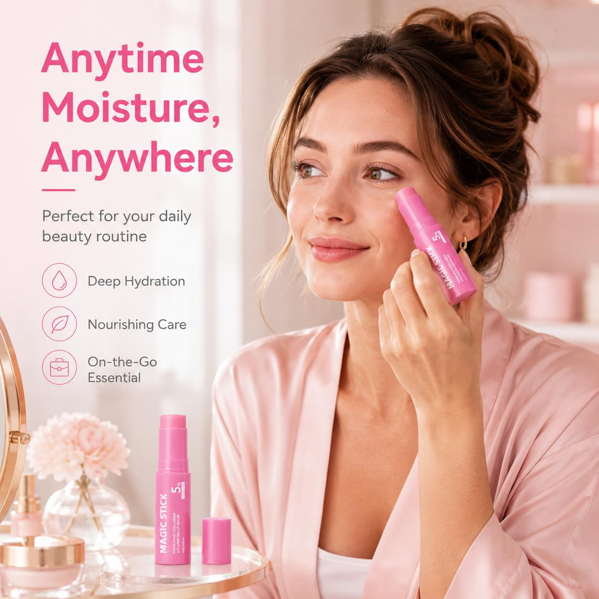 NUDENTA balm on vanity with mirror showing everyday routine and radiant finish