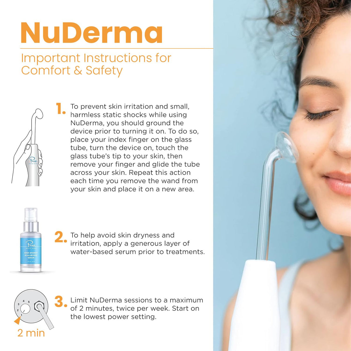 Pure Daily Care NuDerma comb wand shown used on scalp to stimulate follicles and refresh hair