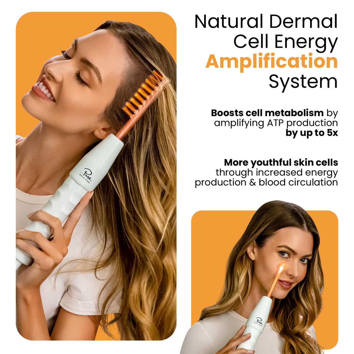 Pure Daily Care NuDerma tongue wand near under-eye area for gentle contour treatment