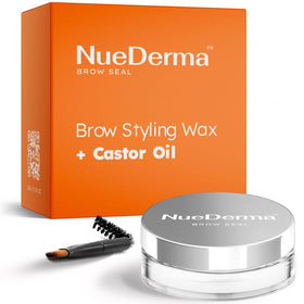 NueDerma front jar view showing clear brow gel and instant styling benefit
