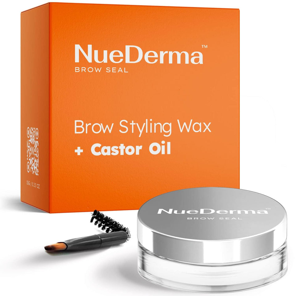 NueDerma front jar view showing clear brow gel and instant styling benefit