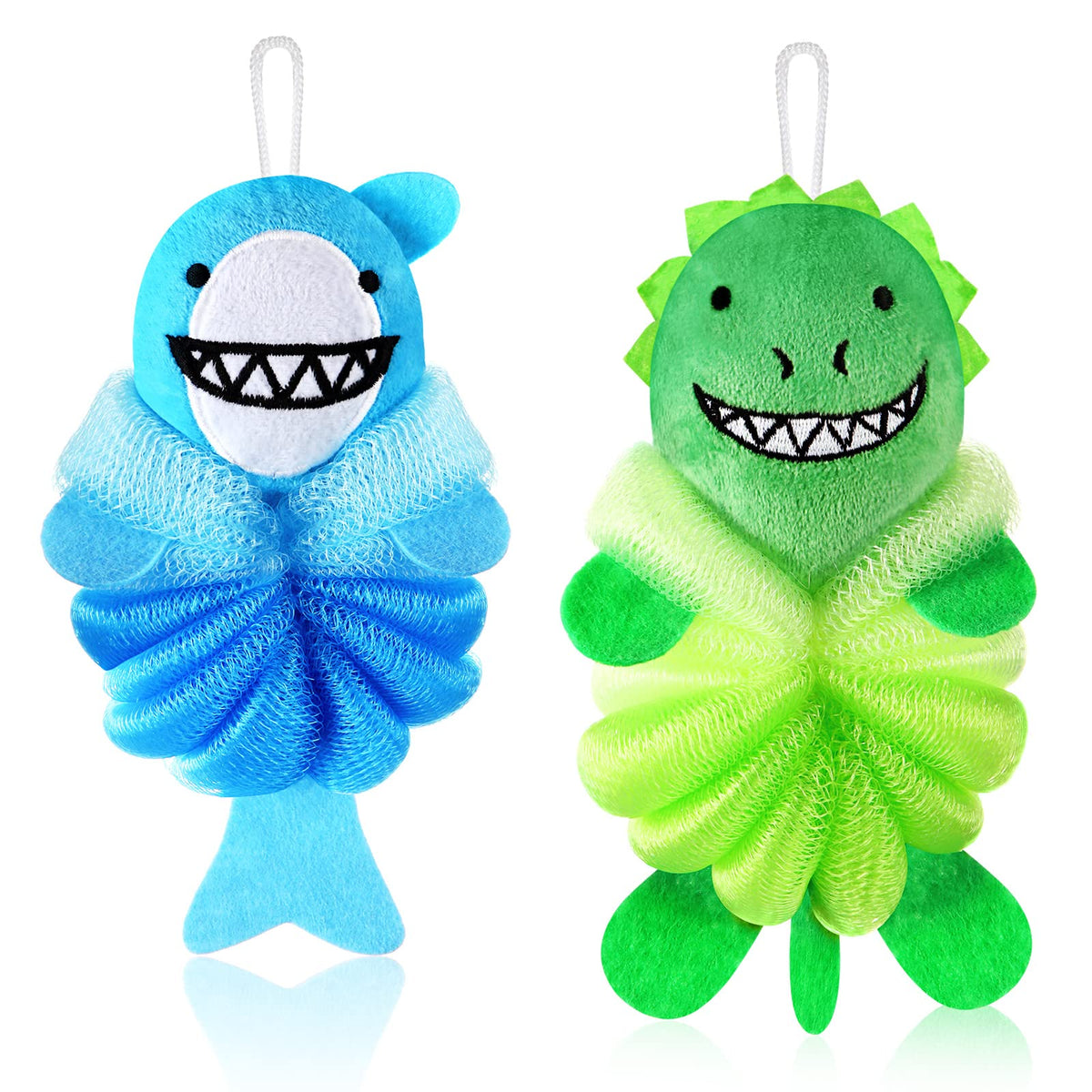 Nuenen front view of two cartoon loofahs showing shark and monster, cheerful design for kids