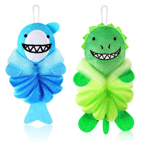Nuenen front view of two cartoon loofahs showing shark and monster, cheerful design for kids