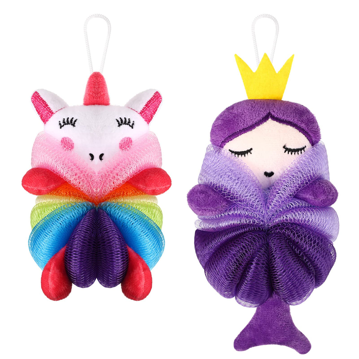 Nuenen front view of two cartoon loofahs showing playful faces and bright colors for fun baths
