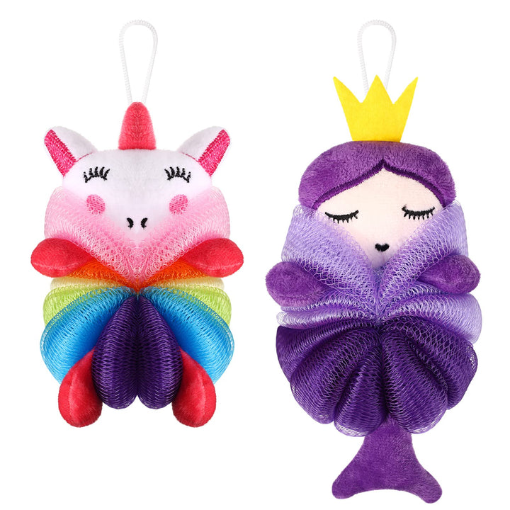 Nuenen front view of two cartoon loofahs showing playful faces and bright colors for fun baths