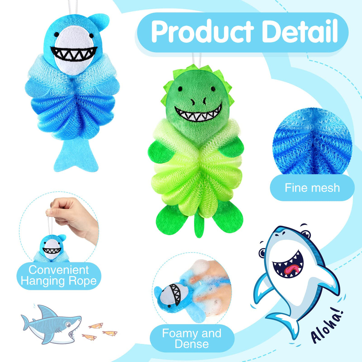 Close-up of Nuenen green monster loofah showing soft mesh and character features for engagement