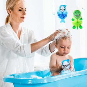 Nuenen loofahs hanging to dry in a bathroom, demonstrating quick drying and hygienic storage