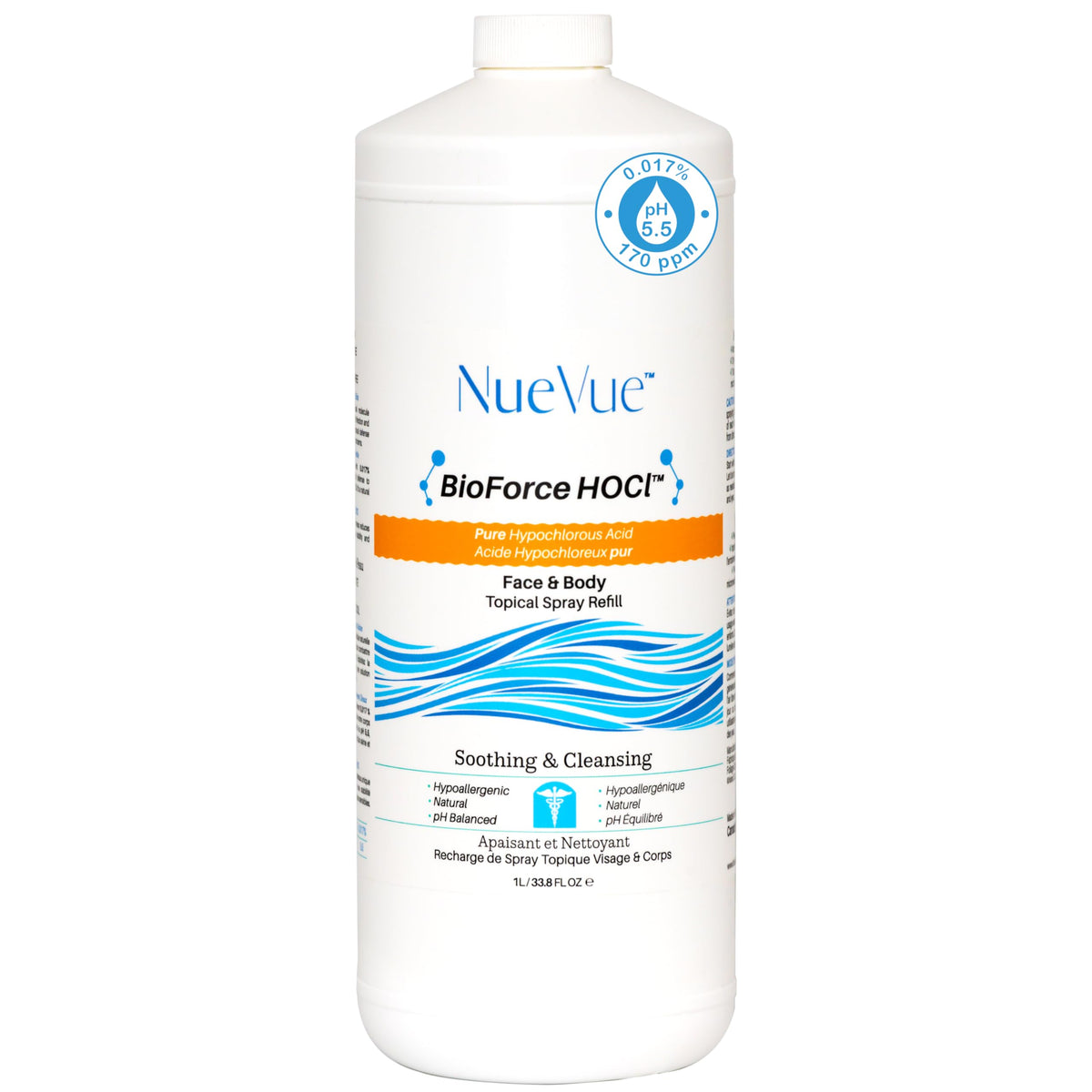 NueVue front label of 1L HOCl refill showing product identity and benefits