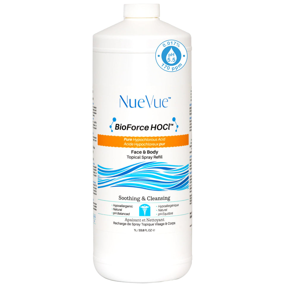 NueVue front label of 1L HOCl refill showing product identity and benefits