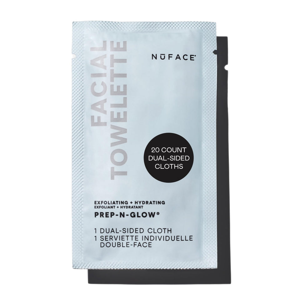 NuFACE front packaging showing product name and 20 individually wrapped cloths benefits