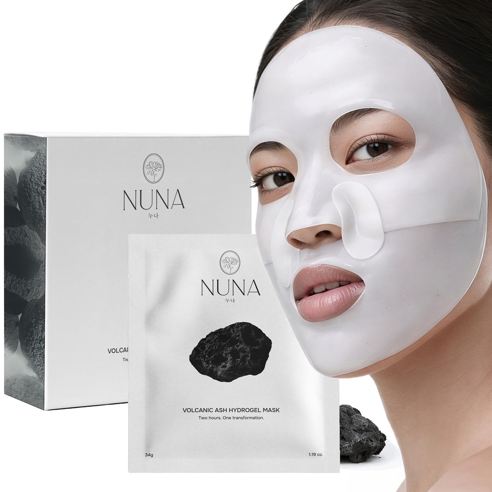 NUNA front packaging of volcanic ash hydrogel masks showing benefits