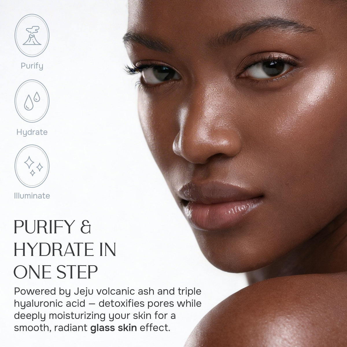 NUNA model wearing hydrogel mask demonstrating snug fit benefit
