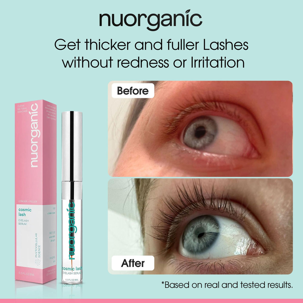 NuOrganic Cosmic Lash applicator brush close-up demonstrating precise lash-line application