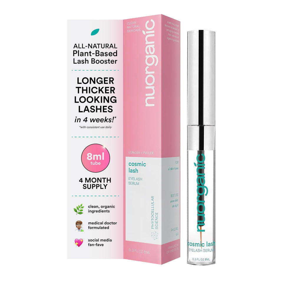 NuOrganic Cosmic Lash front packaging showing XL 8ml bottle and branding benefit clarity