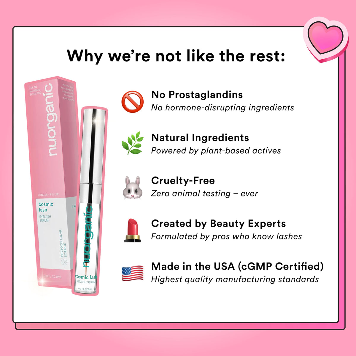 NuOrganic Cosmic Lash label and ingredients panel highlighting plant stem cell formula transparency