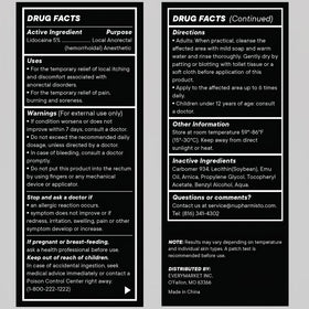 Nupharmco ingredients label close-up showing lidocaine, menthol, arnica, and emu oil