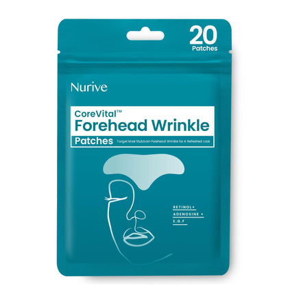 NURIVE front packaging showing 20 large forehead wrinkle patches and benefits