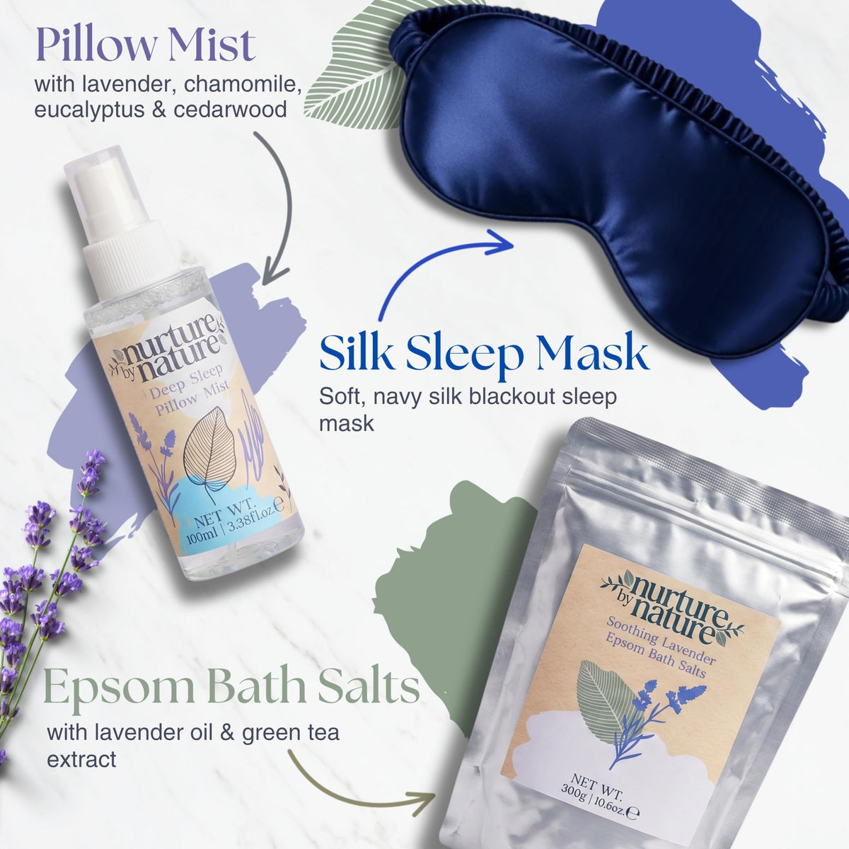 Nurture by Nature bath salts in bowl, relaxing soak for tired muscles