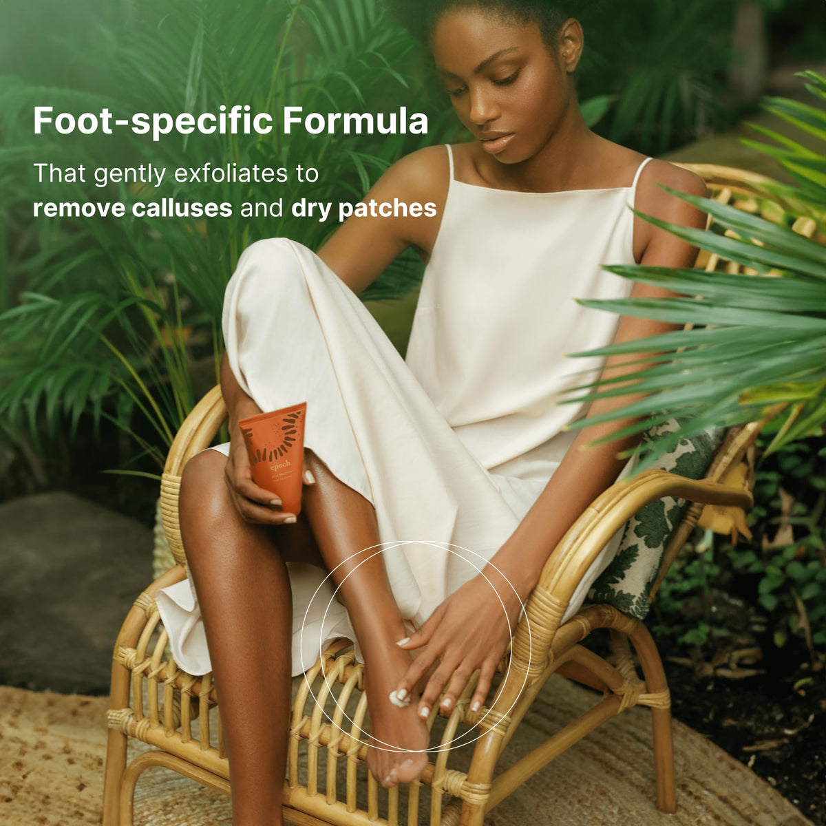 Nu Skin Epoch Sole Solution applied to heel demonstrating targeted softening and relief