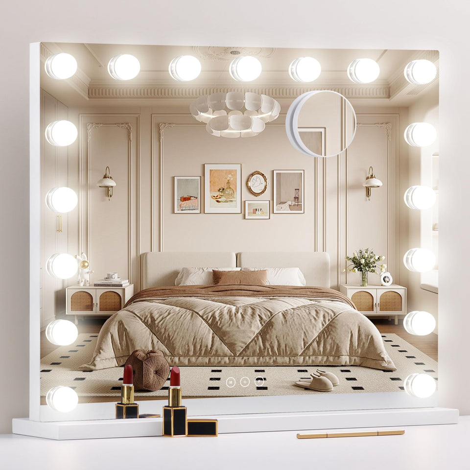 NUSVAN front view showing full 23.6x19.7 inch mirror and 17 LED bulbs, clear lighting