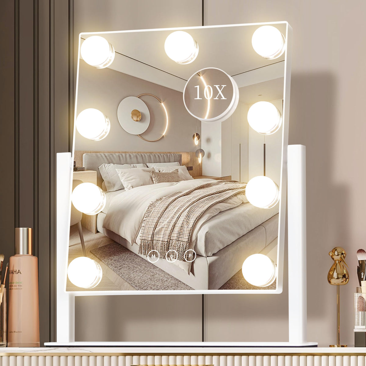 NUSVAN vanity mirror front view showing LED ring and white frame for even lighting