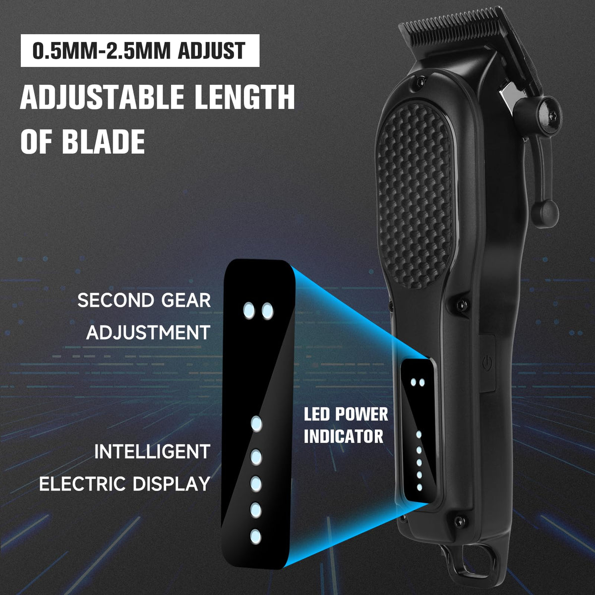 NUTCORE layout of six guide combs and trimmer showing versatility for multiple length options benefit