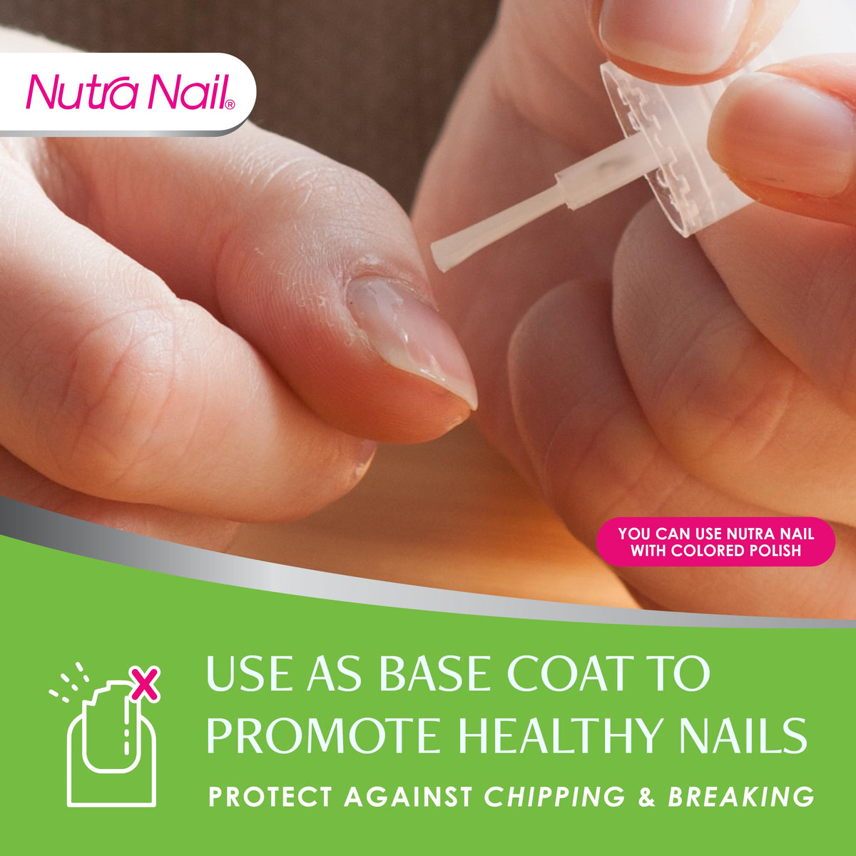 Nutra Nail bottle next to a ruler showing the compact 0.47 fl oz size for travel